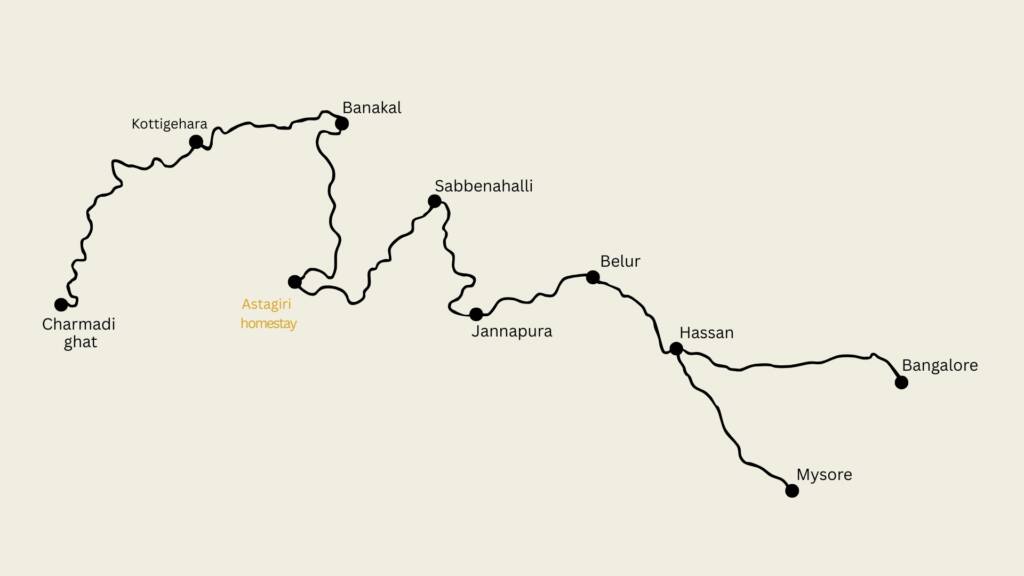 Route map to Astagiri Homestay from Bangalore via Hassan and Charmadi Ghat