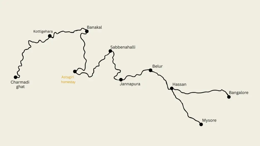 Route map showing the way to Astagiri homestay in Chikmagalur.