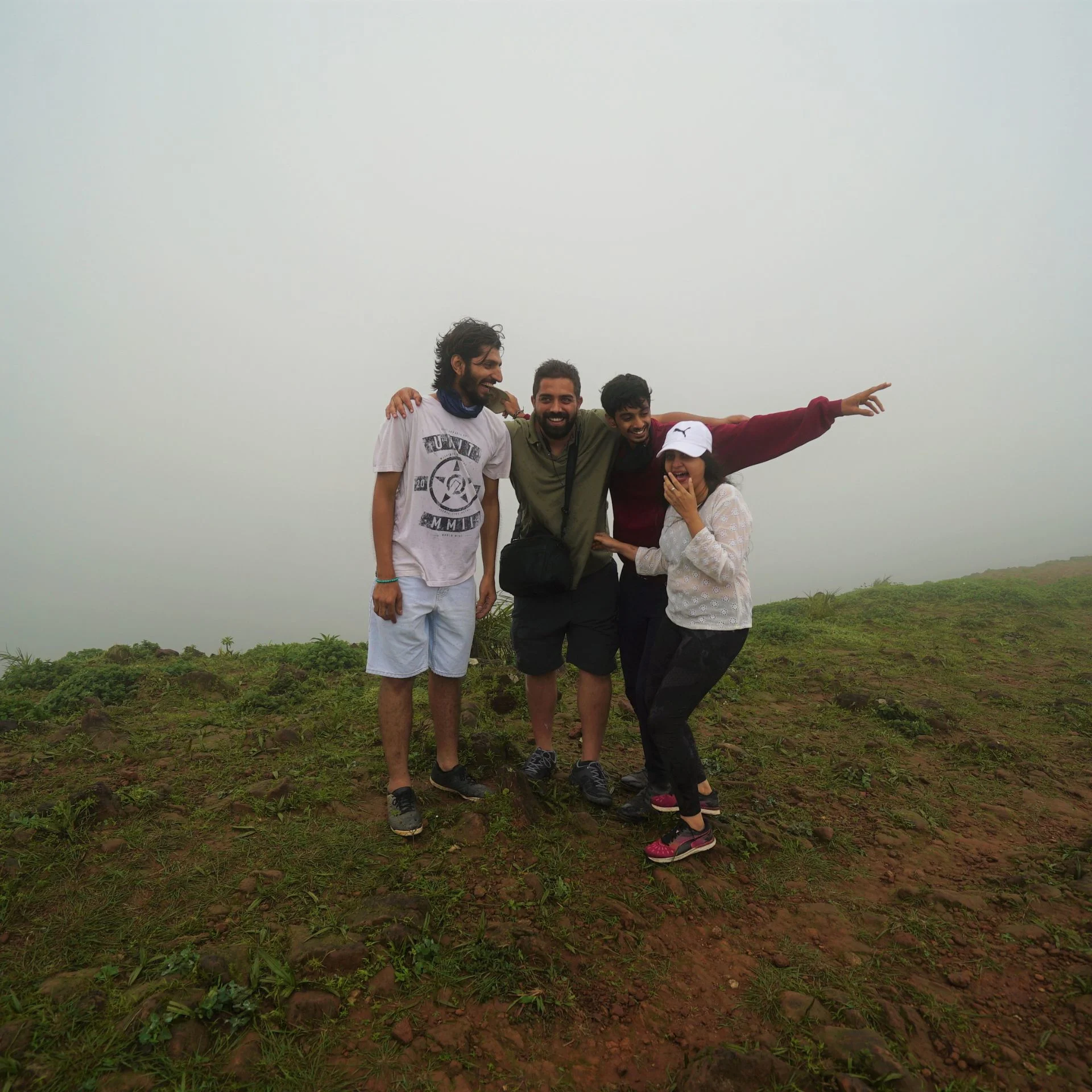 Group of guests enjoying a misty trek near Astagiri homestay in Chikmagalur.