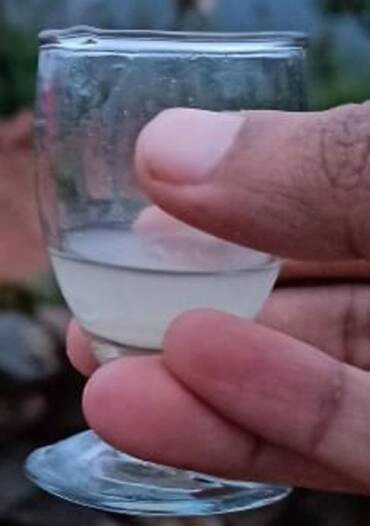 Hand holding a glass of homemade fruit wine at Astagiri.
