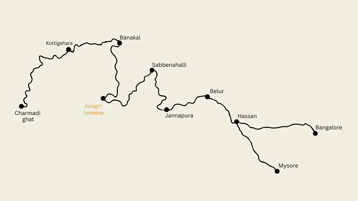 Route map showing the way to Astagiri homestay in Chikmagalur.
