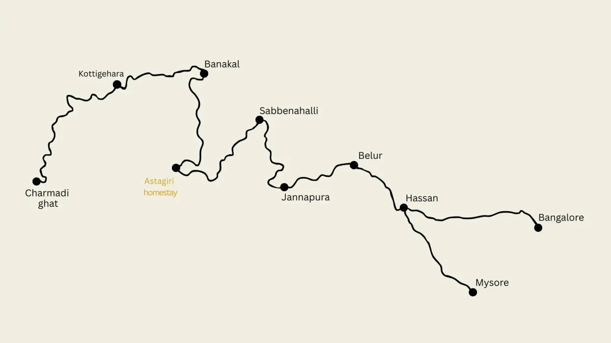 Route map showing the way to Astagiri homestay in Chikmagalur.