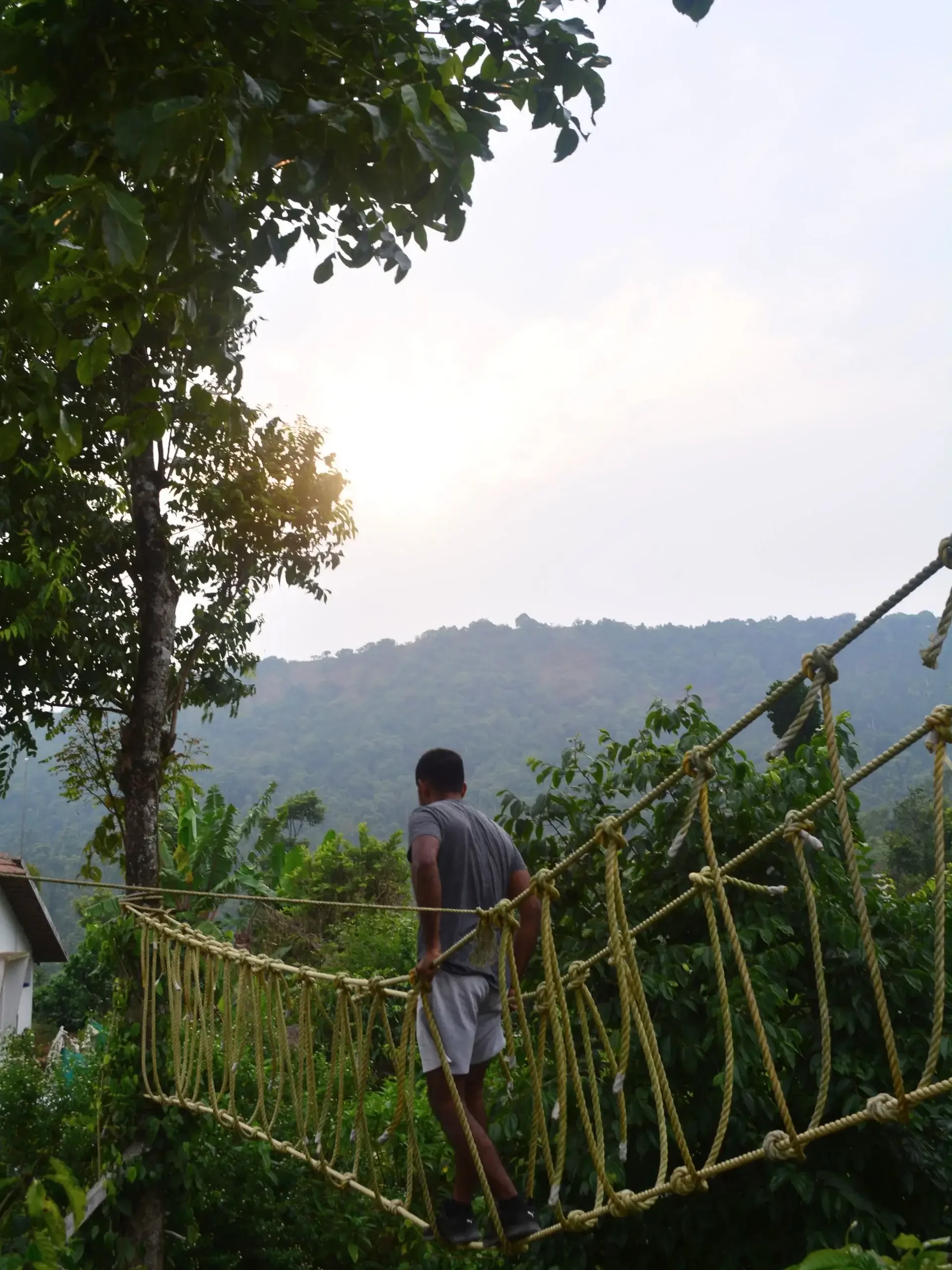 Guest walking across a bamboo hanging bridge at Astagiri homestay in Chikmagalur