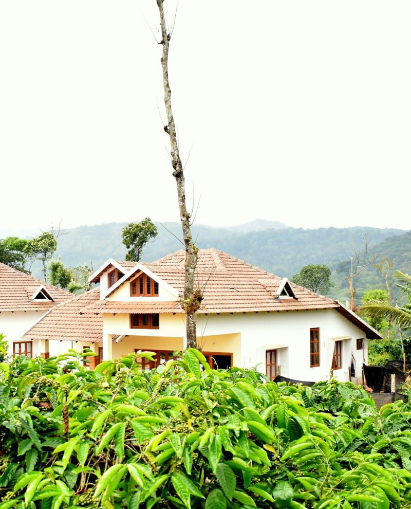 Exterior view of Astagiri Homestay building surrounded by lush coffee estate in Mudigere, Chikmagalur