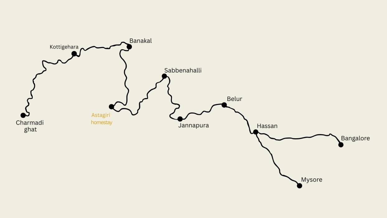 Route map to Astagiri Homestay from Bangalore via Hassan and Charmadi Ghat